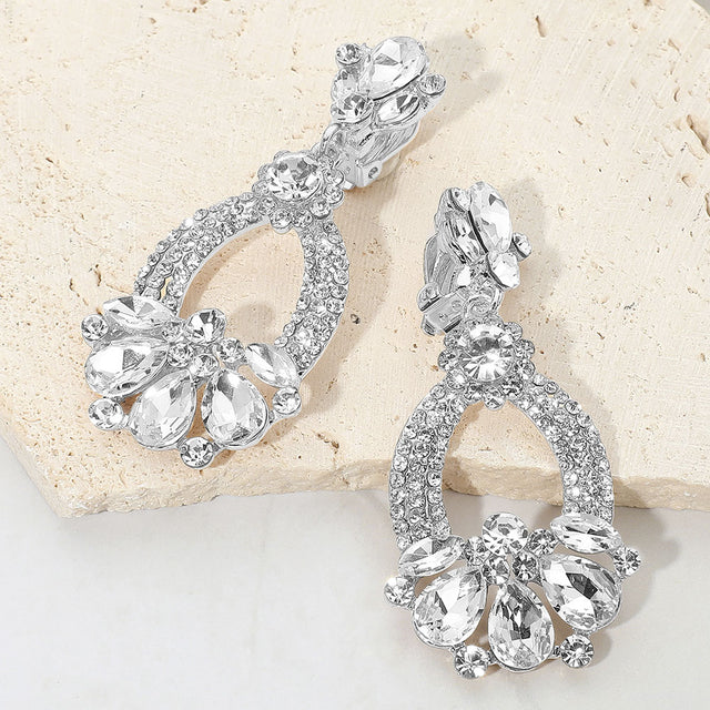 Madeline Love Clear, Silver Teardrop Glass Stone Accent Rhinestone Embellished Open Oval Dangle Evening Clip On Earrings