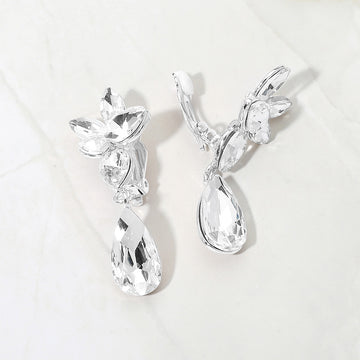 Madeline Love Clear, Silver Marquise Stone Cluster Floral Teardrop Link Evening Clip On Earrings