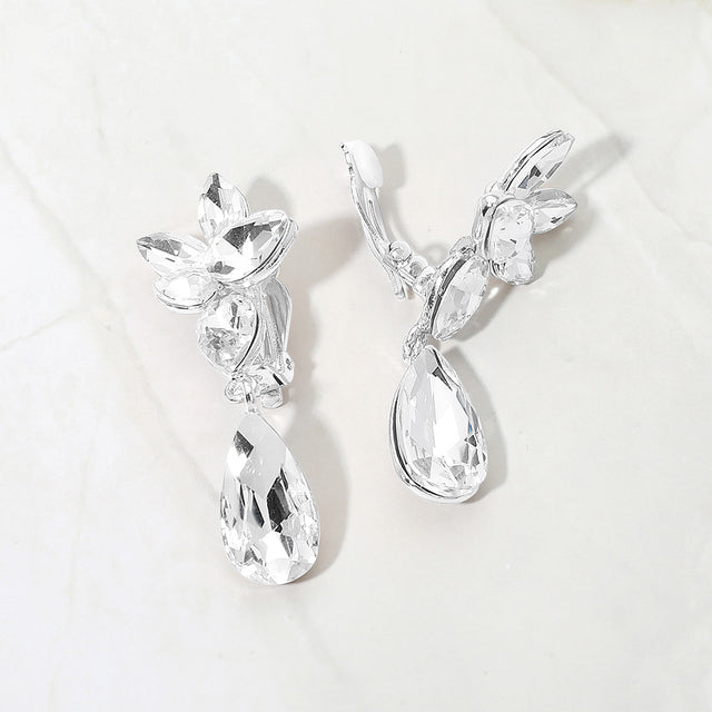Madeline Love Clear, Silver Marquise Stone Cluster Floral Teardrop Link Evening Clip On Earrings
