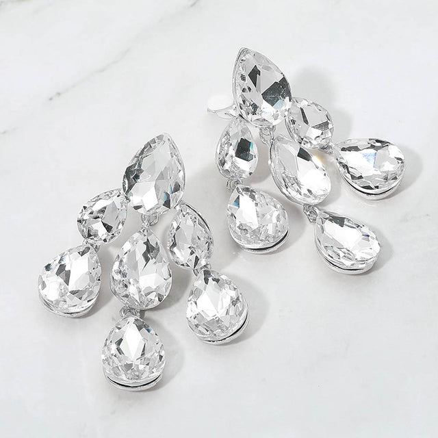Madeline Love Clear, Silver Teardrop Cluster Chandelier Evening Clip On Earrings