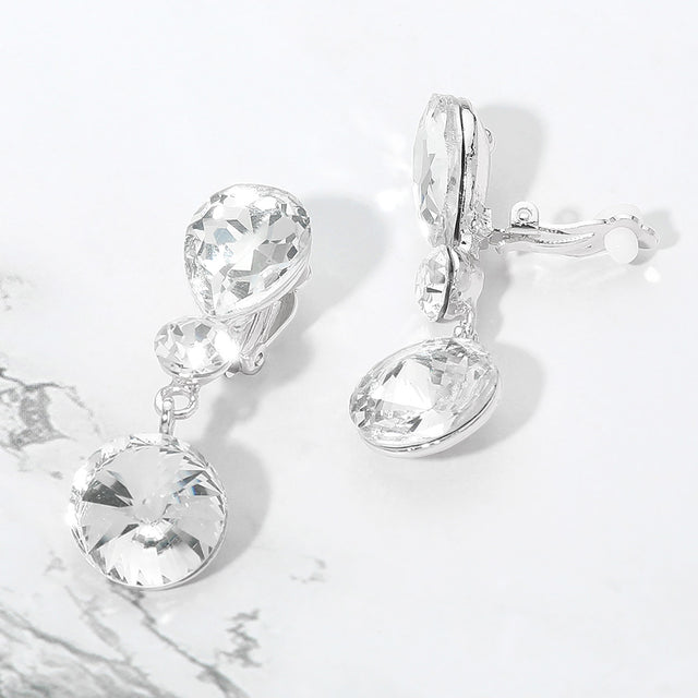 Madeline Love Clear, Silver Round Crystal Drop Evening Clip On Earrings