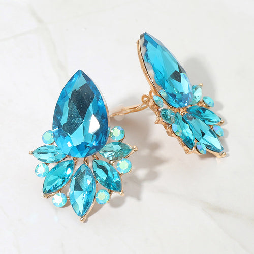 Teardrop Stone Cluster Accent Marquise Stone Embellished Evening Clip On Earrings - Aqua