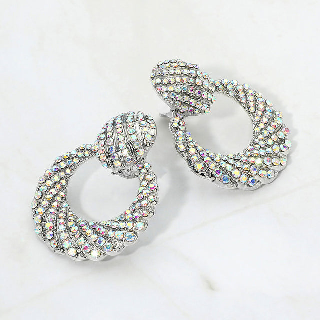 Madeline Love AB, Silver Rhinestone Pave Open Ring Door Knocker Clip On Earrings
