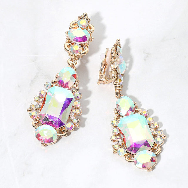 Madeline Love AB, Gold Rectangular Oval Crystal Drop Evening Clip On Earrings