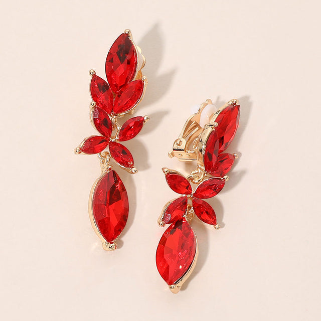 Madeline Love Red Marquise Cluster Leaf Drop Evening Clip On Earrings