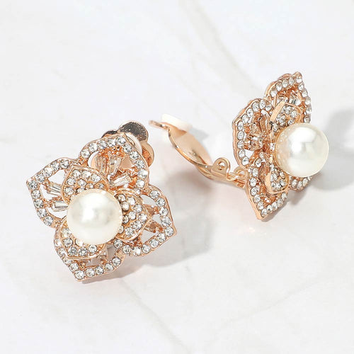 Pearl Center Rhinestone Pave Flower Clip On Earrings - Clear, Gold
