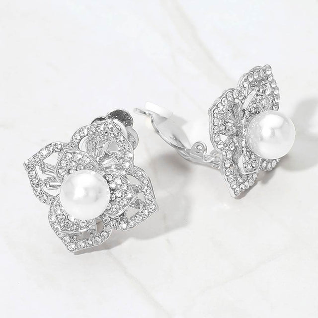 Madeline Love Clear, Rhodium Pearl Center Rhinestone Pave Flower Clip On Earrings