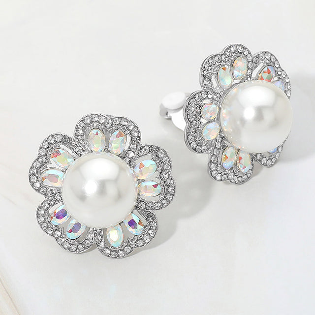 Madeline Love Cream, Rhodium Pearl Center Rhinestone Embellished Floral Clip On Earrings