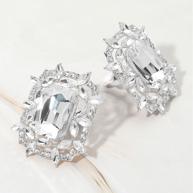 Madeline Love Clear, Rhodium Bold Rectangular Gem Center Statement Evening Clip On Earrings
