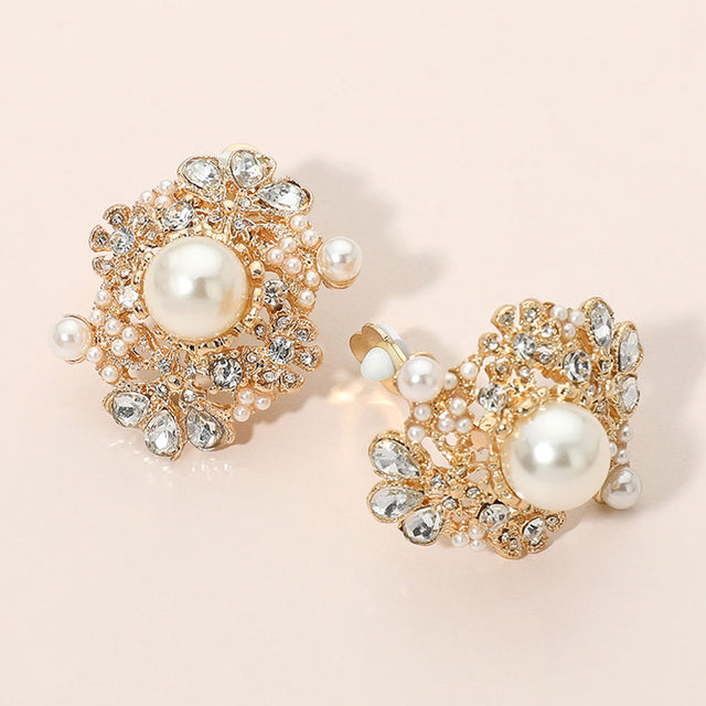 Madeline Love Cream, Gold Elegant Pearl Floral Cluster Clip On Evening Earrings