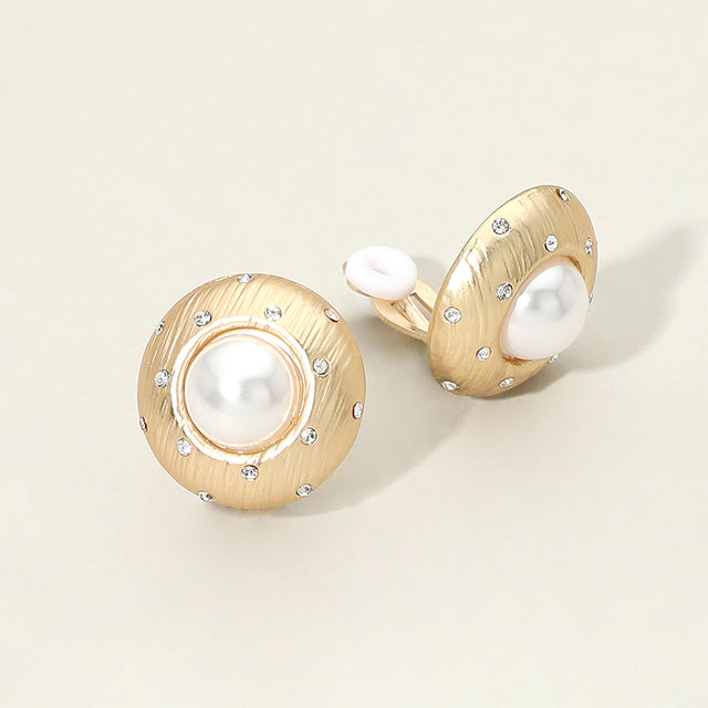 Madeline Love Clear, Cream, Matte gold Round Pearl Center Rhinestone Accent Clip On Earrings