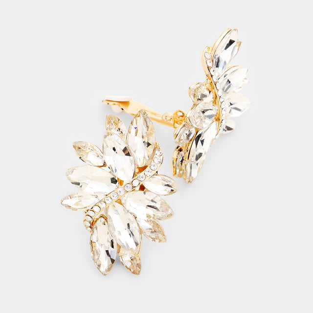 Madeline Love Clear, Gold Swirl Glass Crystal Marquise Cluster Clip On Earrings