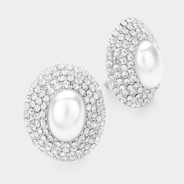 Madeline Love Silver, White Oval Crystal Pearl Clip On Earrings