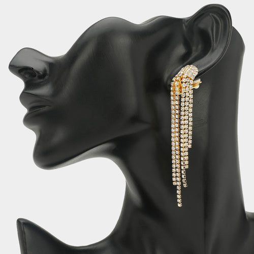 Crystal Rhinestone Long Fringe Clip on Earrings - Clear, Gold