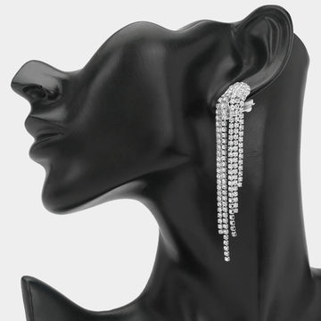 Madeline Love Clear, Silver Crystal Rhinestone Long Fringe Clip on Earrings