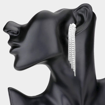 Madeline Love Silver Crystal Rhinestone Pave Fringe Clip on Evening Earrings