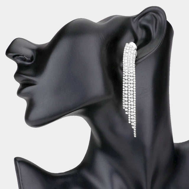 Madeline Love Silver Crystal Rhinestone Pave Fringe Clip on Evening Earrings