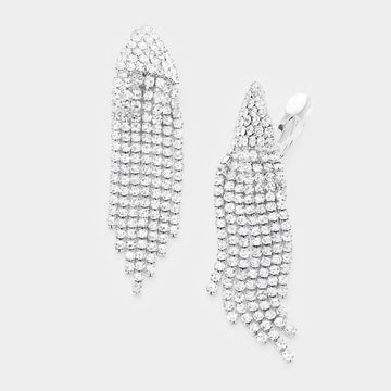 Madeline Love Clear, Silver Rhinestone Statement Fringe Drop Evening Clip On Earrings