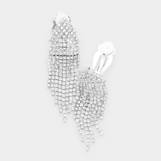 Madeline Love Clear, Silver Rhinestone Crystal Fringe Evening Clip On Earrings