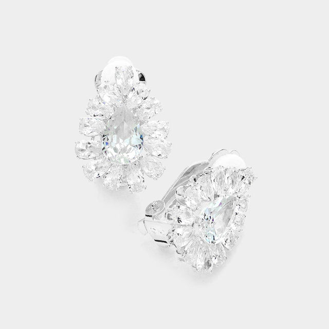 Madeline Love Clear, Silver Teardrop Stone Cluster Clip On Evening Earrings