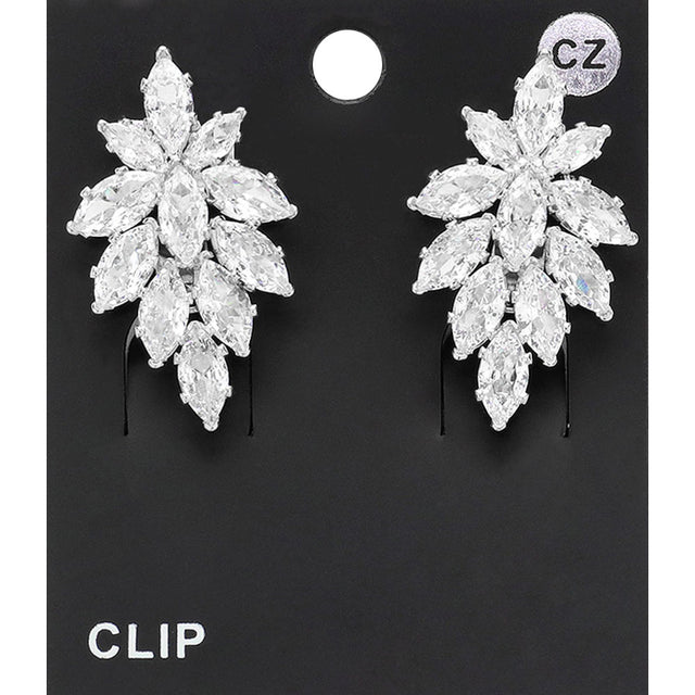 Madeline Love Clear, Silver Marquise CZ Stone Embellished Evening Clip On Earrings