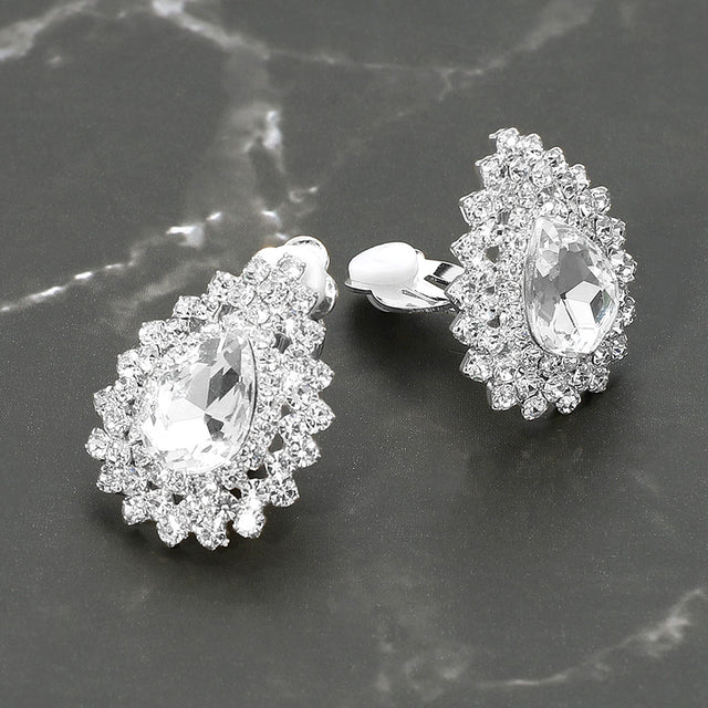 Madeline Love Clear, Silver Teardrop Cluster Evening Clip On Earrings