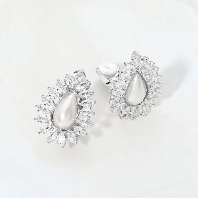 Madeline Love Silver, White Marquise CZ Trim Around Teardrop Pearl Cluster Evening Clip On Earrings