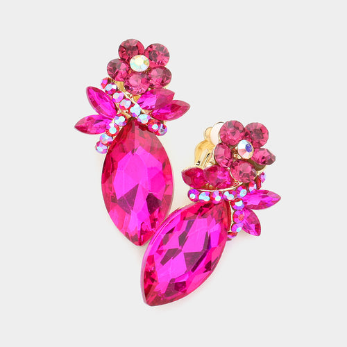 Marquise Stone Accented Clip on Evening Earrings - Fuchsia