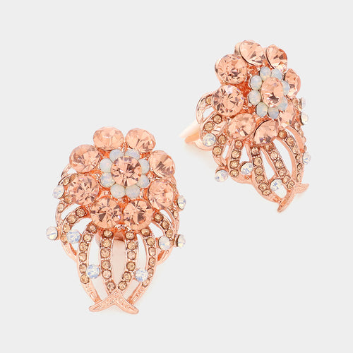 Floral Rhinestone Clip On Earrings - Peach