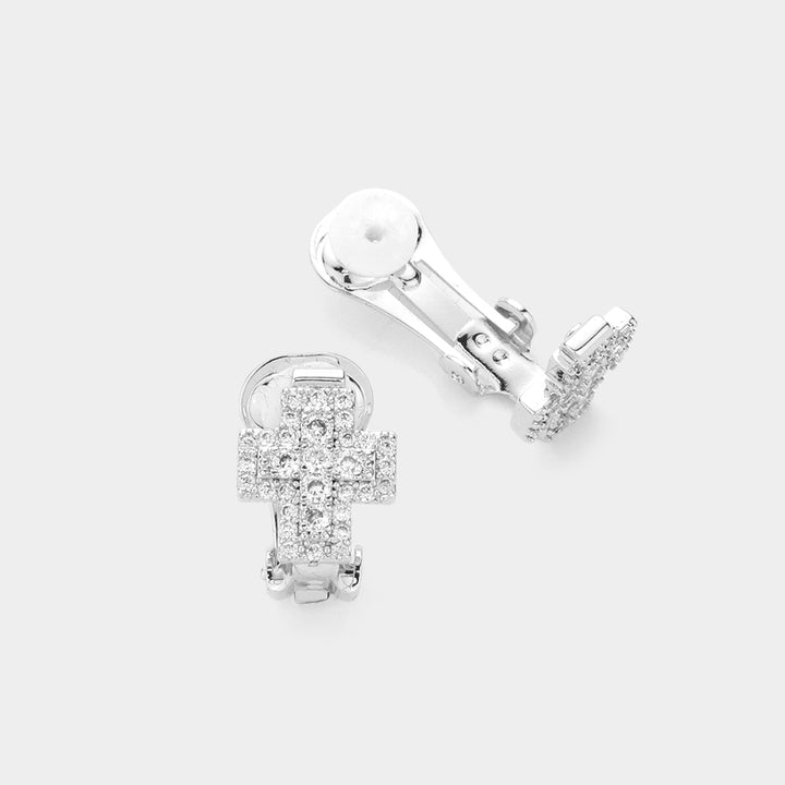 Rhodium 14K Gold Plated CZ Stone Paved Cross Clip On Earrings