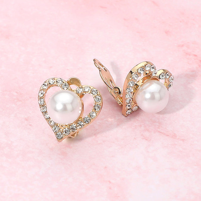 Madeline Love Cream, Gold Rhinestone Paved Heart Pearl Clip On Earrings