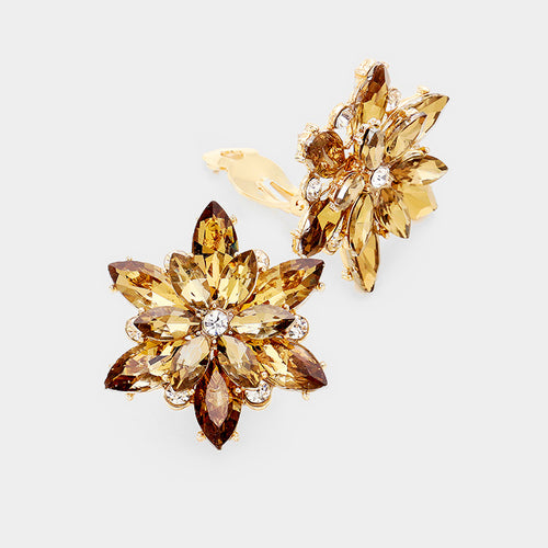 Crystal Flower Clip on Evening Earrings - Brown, Gold
