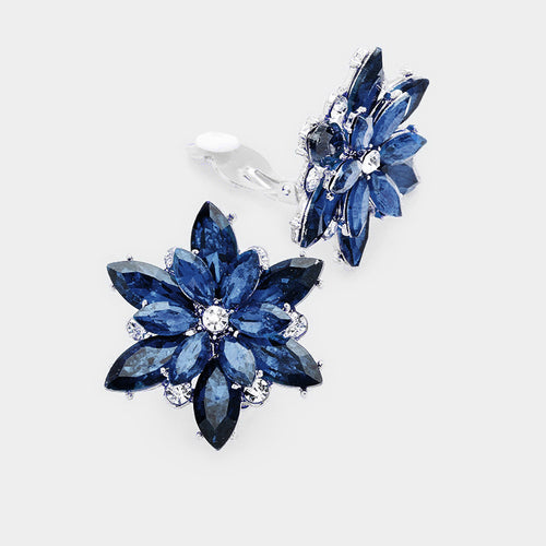 Crystal Flower Clip on Evening Earrings - Navy, Rhodium