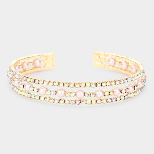 Pearl Accented Split Rhinestone Cuff Evening Bracelet - AB, Gold