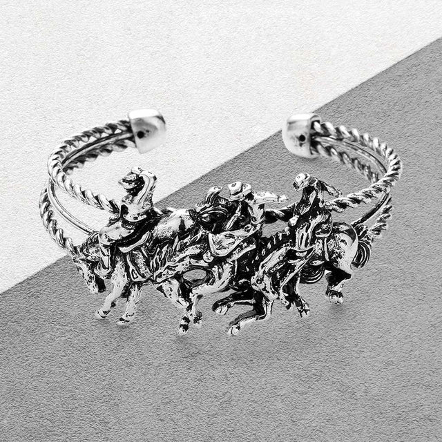 Madeline Love Silver Burnished Metal Derby Riding Running Horse Cuff Bracelet - Bracelets