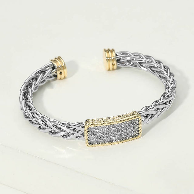 Madeline Love Two Tone 14K Gold Plated Two Tone CZ Pave Rectangular Bar Accent Braided Cuff Bracelet - Hair Accessories
