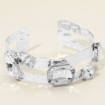 Madeline Love Clear, Rhodium Stone Cluster Embellished Split Arm Cuff Bracelet - Body Jewelry