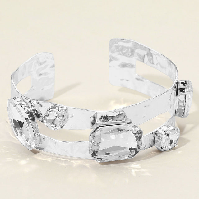 Madeline Love Clear, Rhodium Stone Cluster Embellished Split Arm Cuff Bracelet - Body Jewelry