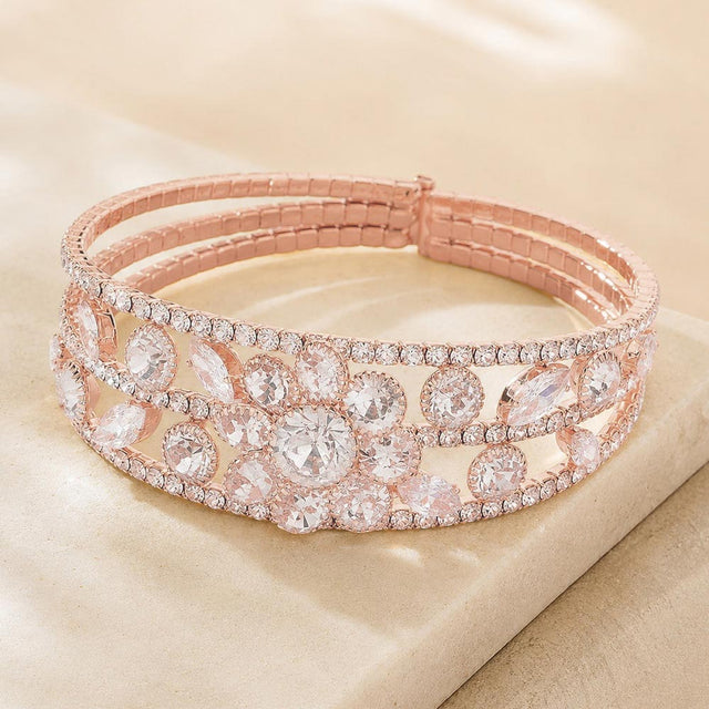 Madeline Love Clear, Rose Gold CZ Floral Cuff Evening Bracelet