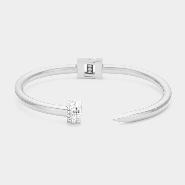 Madeline Love Rhodium Stone Paved Tip Metal Nail Hinged Cuff Bracelet - Bracelets