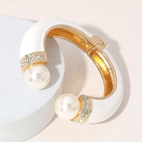 Gold Plated Pearl Tip Enamel Hinged Cuff Bracelet - Gold, White