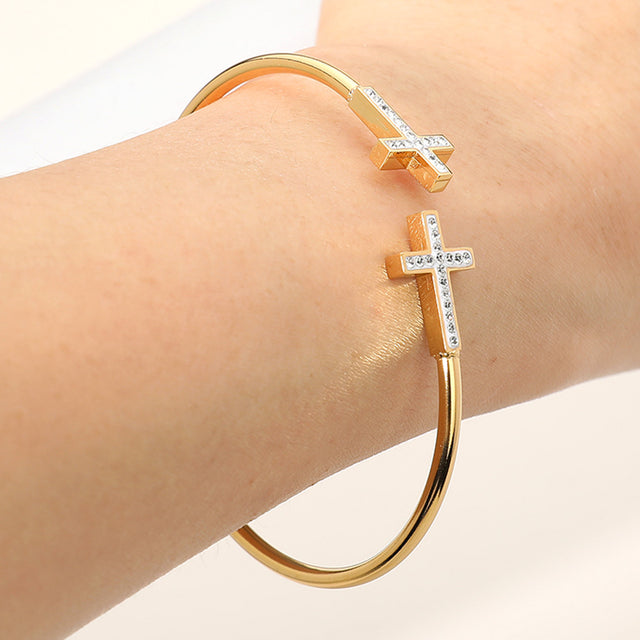 Madeline Love Gold Stainless Steel Stone Paved Cross Tip Cuff Bracelet - Jewelry