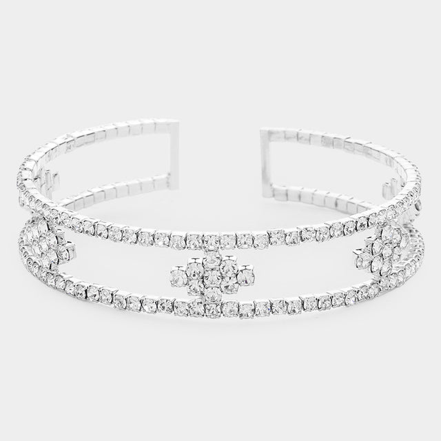 Madeline Love Silver Rhinestone Marquise Accented Cuff Evening Bracelet - Bracelets