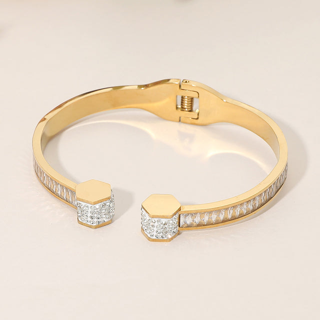 Madeline Love Gold Stainless Steel Geometric Rhinestone Pave Hinged Cuff Bracelet