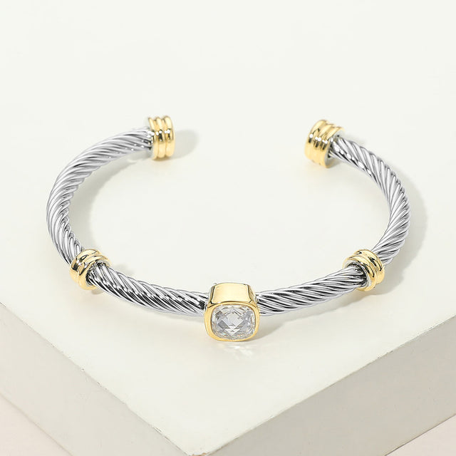 Madeline Love Clear Square Stone Bezel Accent Two Tone Twisted Cable Cuff Bracelet - Jewelry