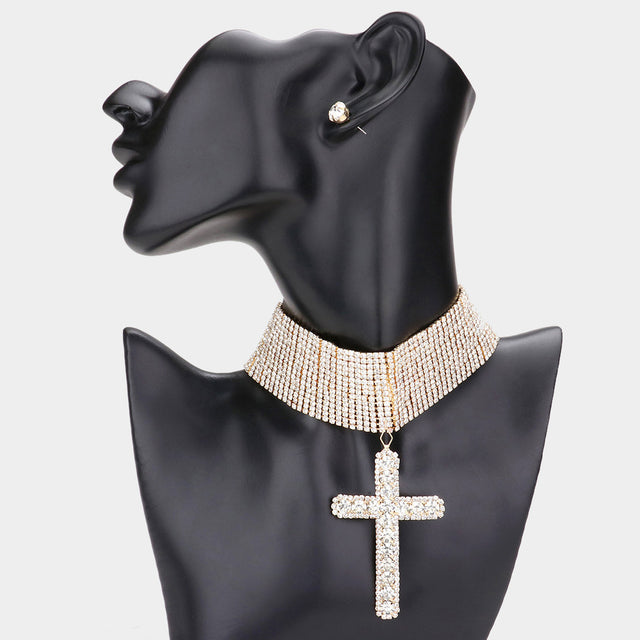 Madeline Love Gold Bubble Stone Cross Pendant Evening Choker Necklace
