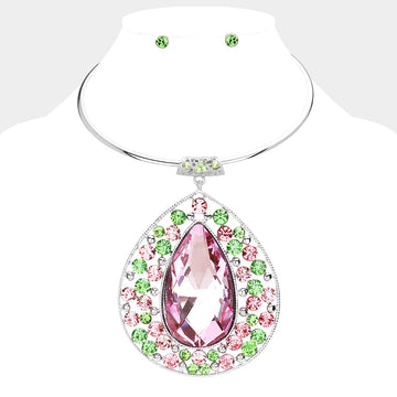 Madeline Love Pink&Green Teardrop Centered Bubble Stone Cluster Choker Evening Necklace - Necklaces