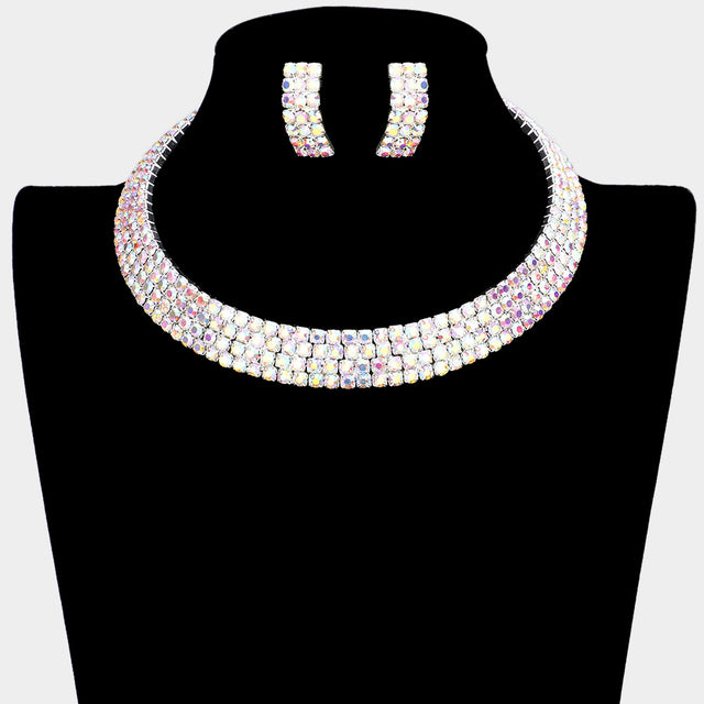 Madeline Love AB, Silver 4-Row crystal Rhinestone Banded Open Choker Necklace - Necklaces
