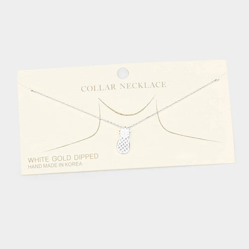 White Gold Dipped Metal Pineapple Pendant Collar Necklace - Rhodium