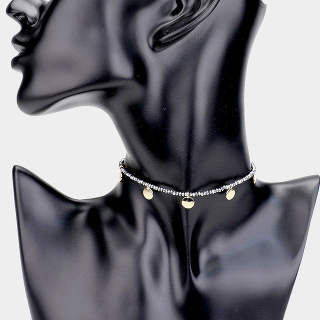 Madeline Love Gold, Hematite Seed Bead Round Metal Choker Necklace